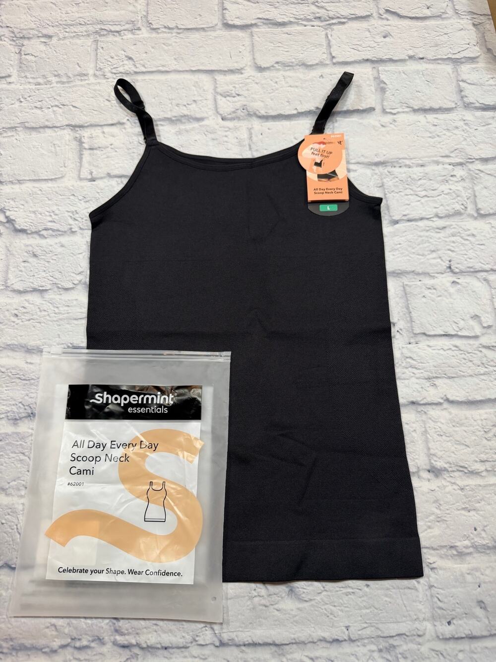 NWT Shapermint All Day Scoop Neck Shapewear Cami Black Sz Large Adjustable 62001